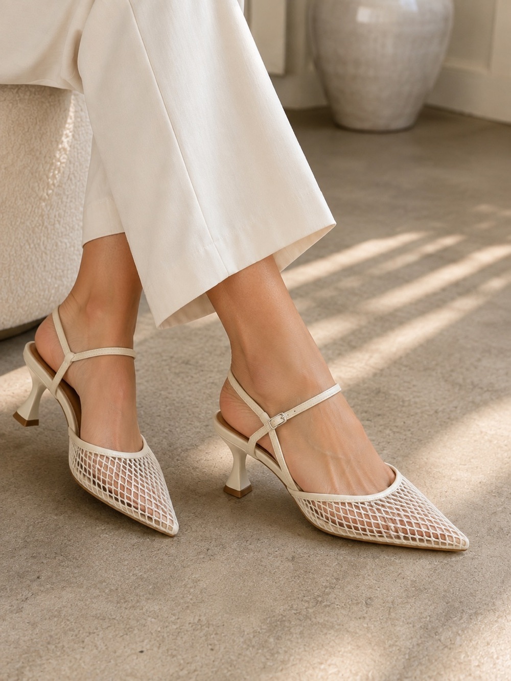 Zara Ivory Mesh Pointed Slingbacks Toe Ankle Strap Heels Size 37